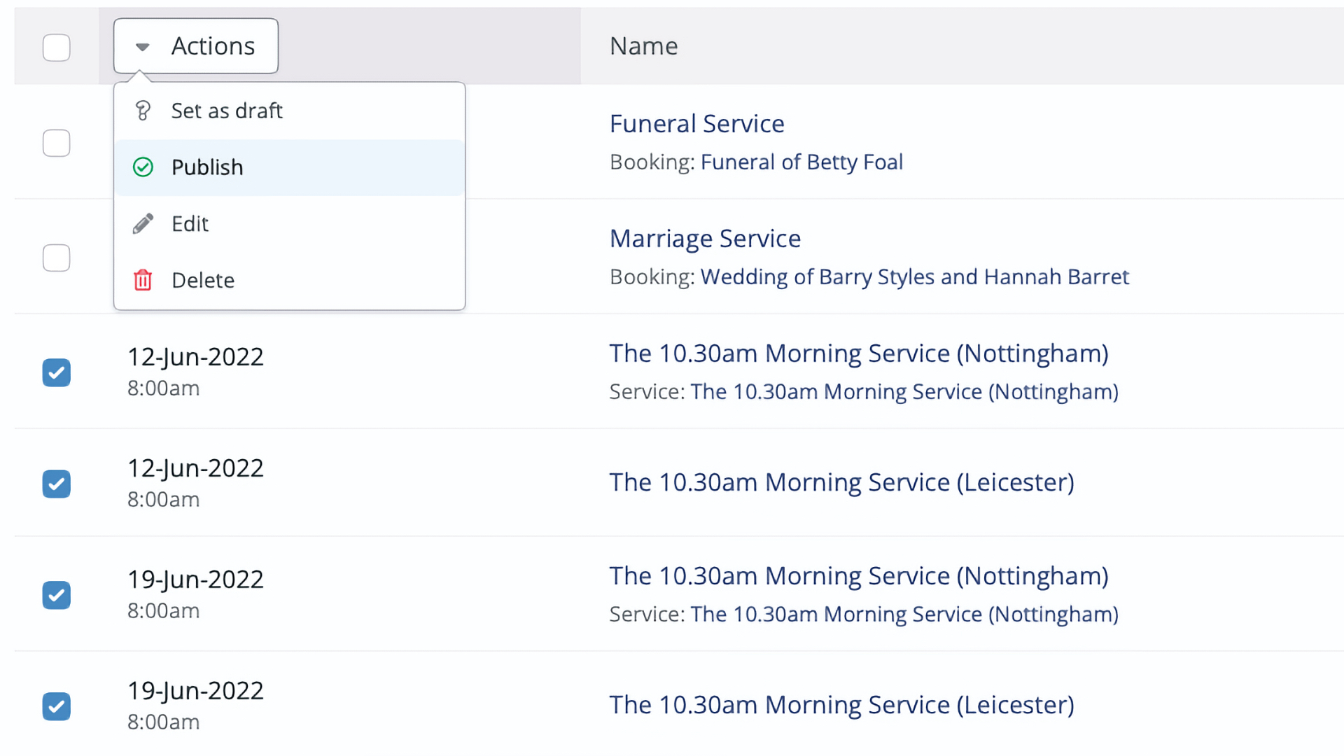 Publish multiple service plans at once with batch actions in ChurchSuite